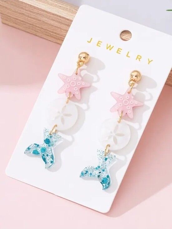 Jewelry - A Real Fisb Tale .. Gold Pink Starfish and Blue Mermaid Tail Earrings